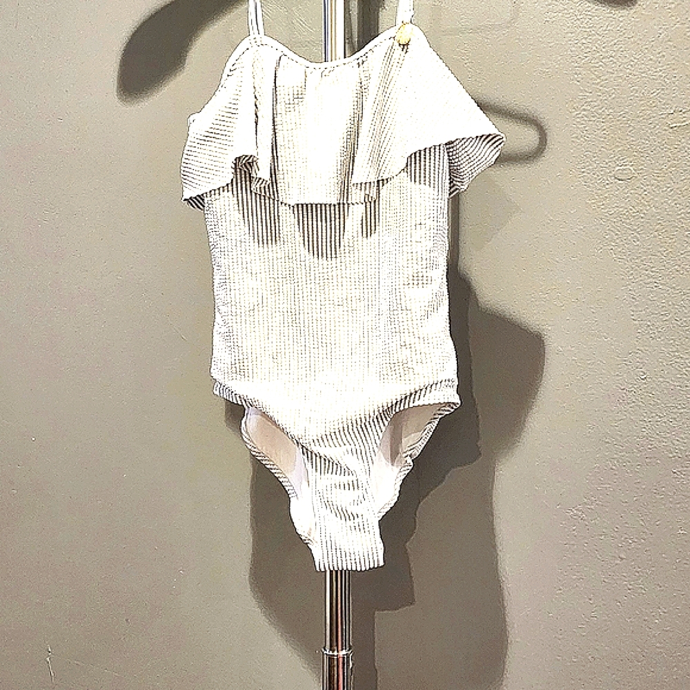 H&M Girls Blue and White Pinstripe One Piece Swimsuit, Size 10/12 Y.